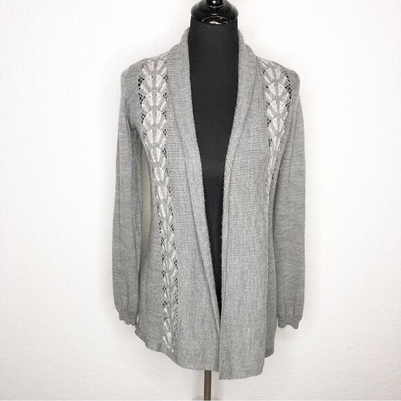 Anthropologie Knitted & Knotted gray open crochet trim wool blend cardigan XS - Picture 1 of 15